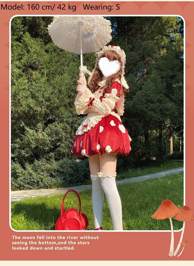 Mushroom - Kawaii Lolita OP Dress with Apron and Detachable Sleeves - Image 9