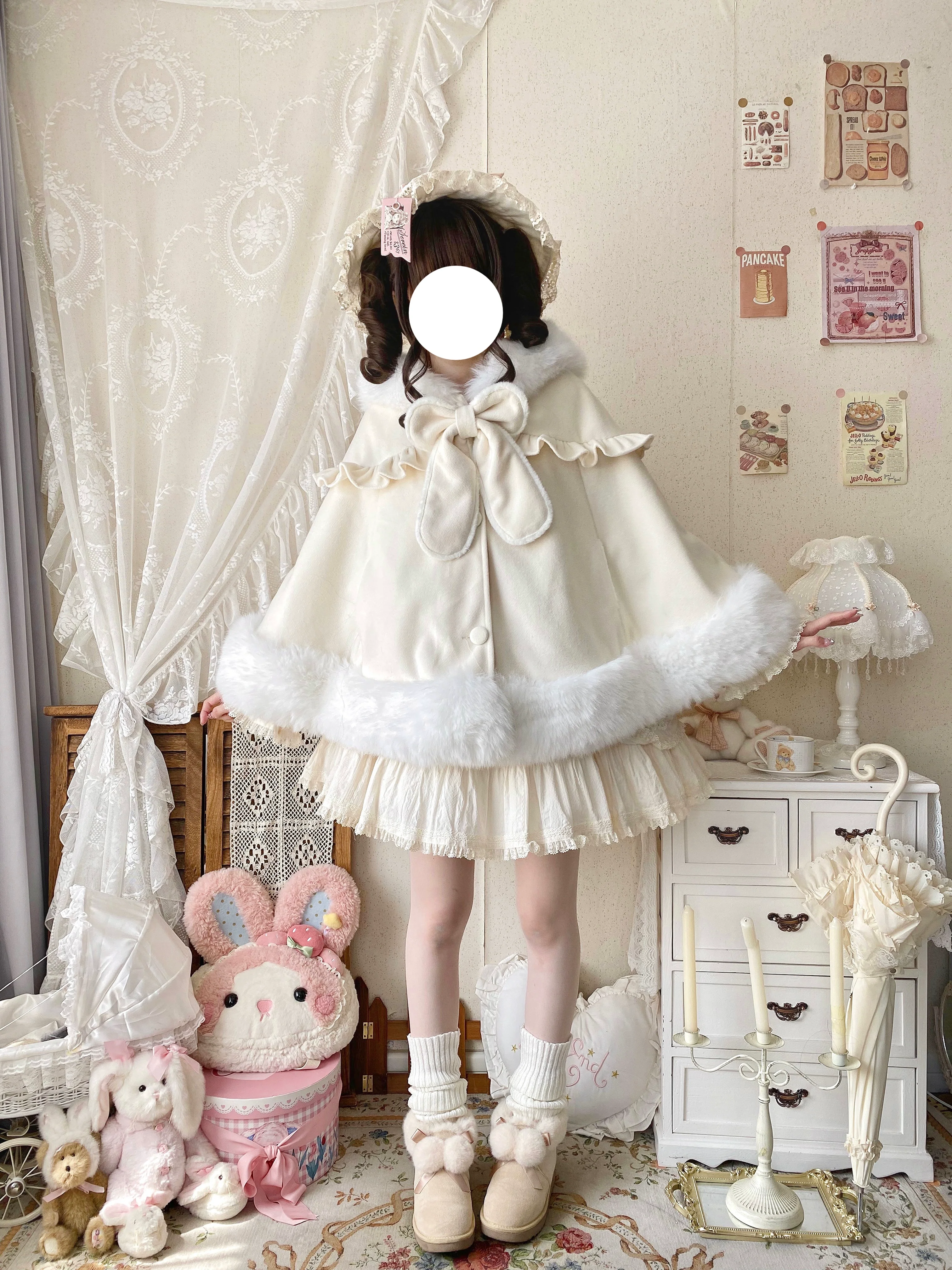 Qianmu - Lop Bunny - Kawaii Lolita Plush Hooded Cape - Image 10