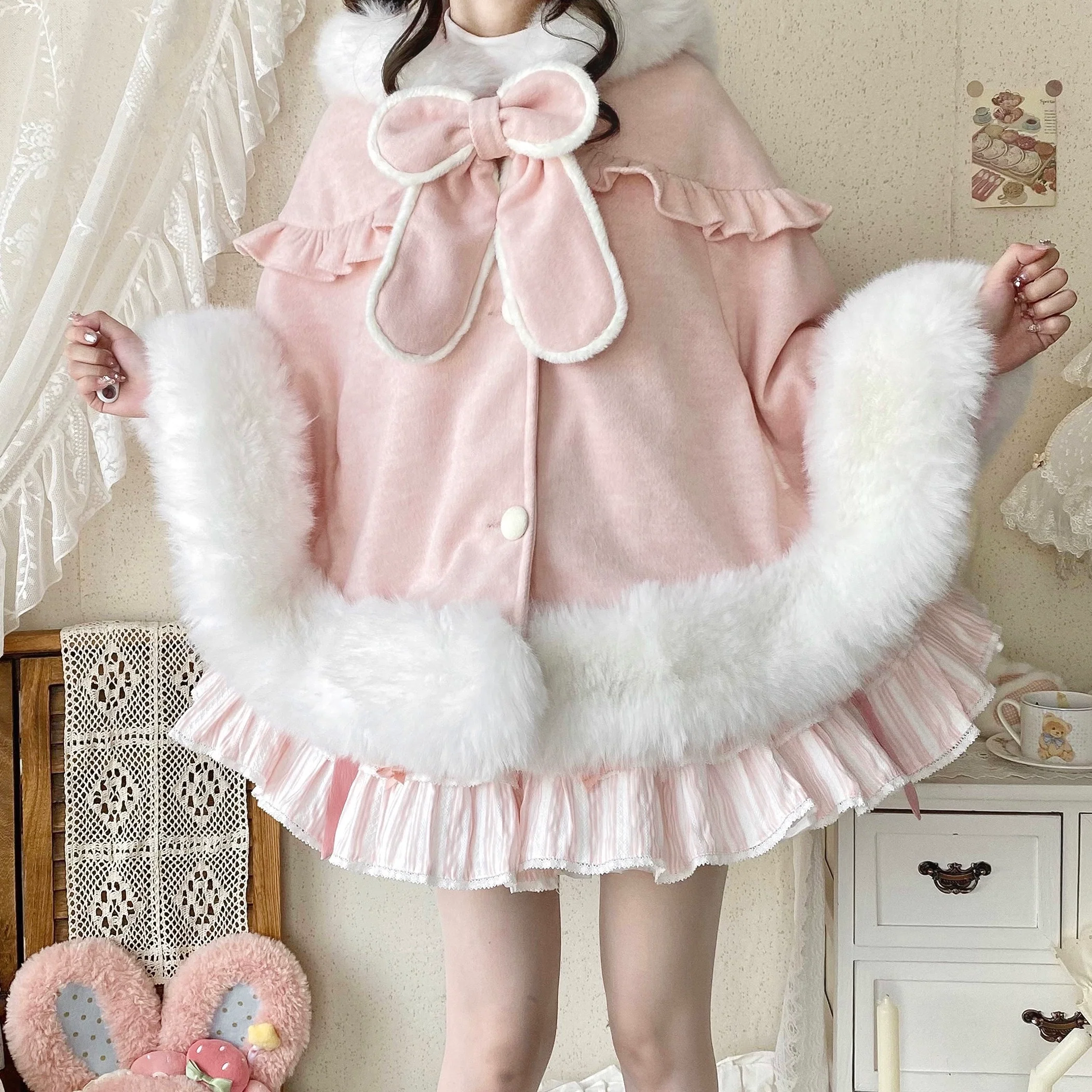 Qianmu - Lop Bunny - Kawaii Lolita Plush Hooded Cape - Image 4