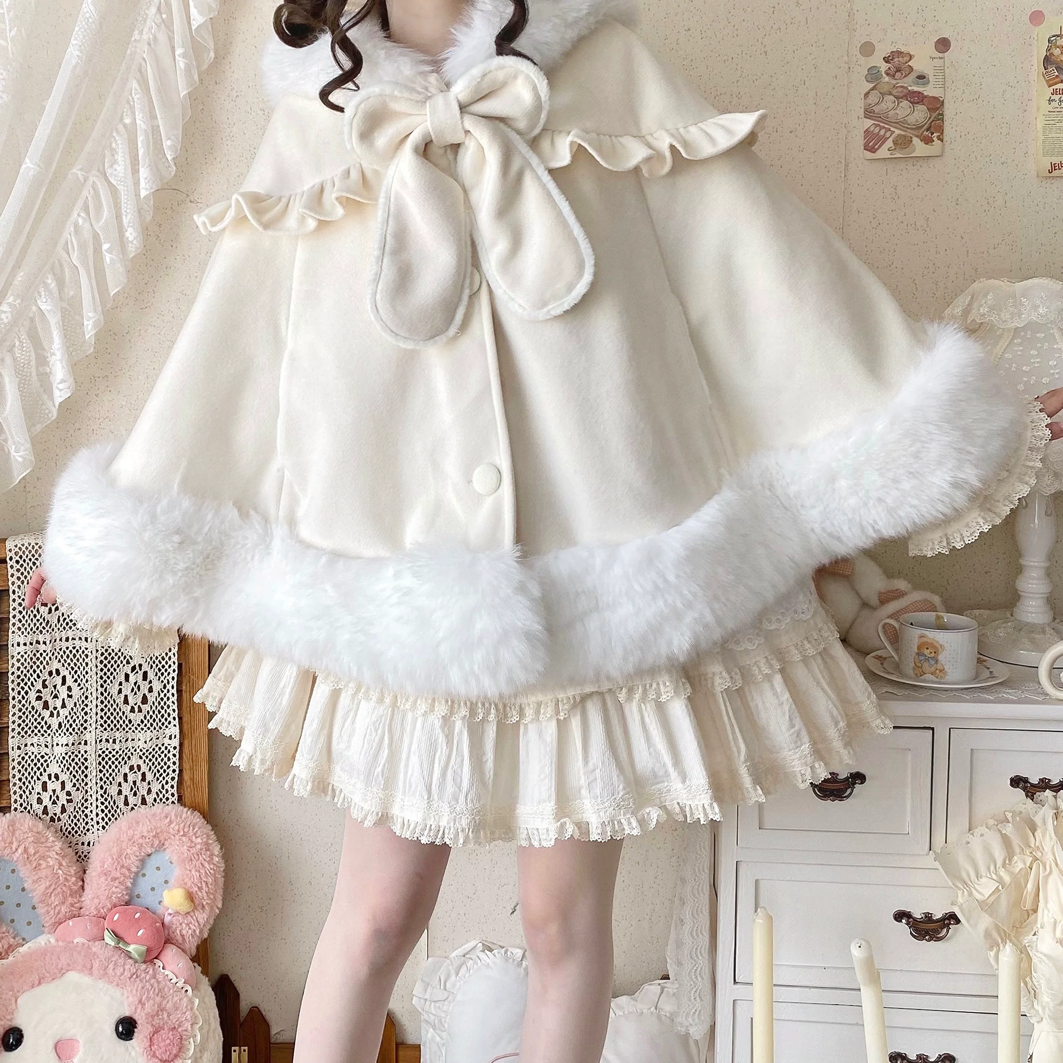 Qianmu - Lop Bunny - Kawaii Lolita Plush Hooded Cape - Image 8