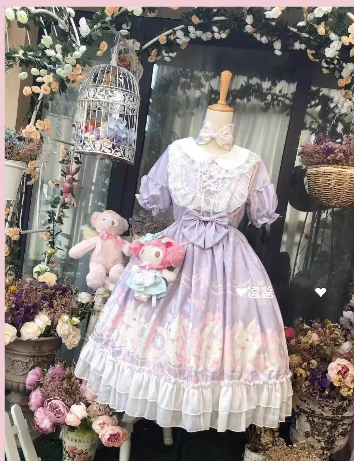 Doujiang - Kawaii Lolita OP Rabbit Print Pink Purple Lace Princess Dress - Image 10