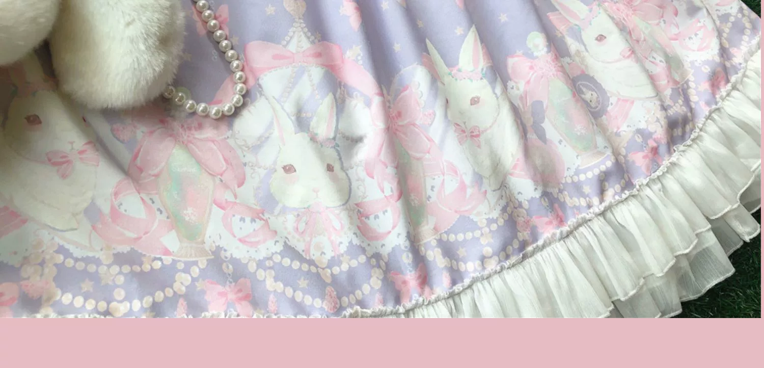 Doujiang - Kawaii Lolita OP Rabbit Print Pink Purple Lace Princess Dress - Image 11