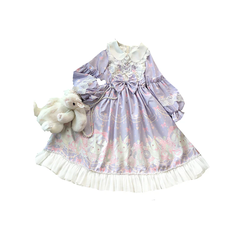 Doujiang - Kawaii Lolita OP Rabbit Print Pink Purple Lace Princess Dress - Image 12