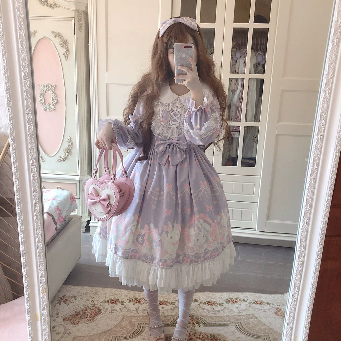 Doujiang - Kawaii Lolita OP Rabbit Print Pink Purple Lace Princess Dress - Image 2