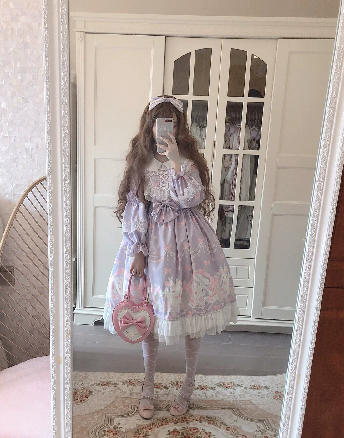 Doujiang - Kawaii Lolita OP Rabbit Print Pink Purple Lace Princess Dress - Image 4
