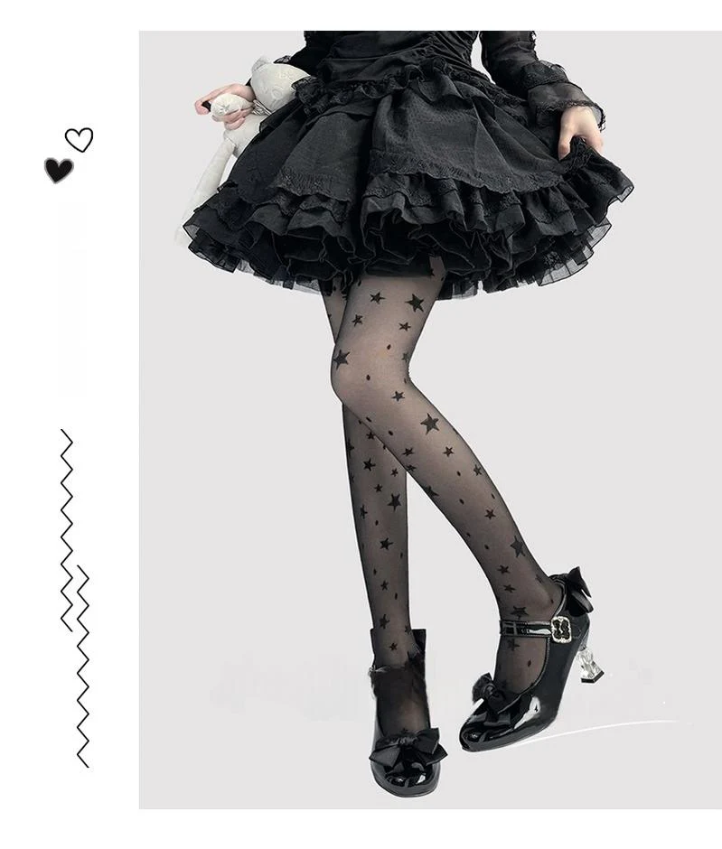 Hua Nai Cat - Summer Kawaii Lolita Thin Tights Sheer Pantyhose with Star Pattern - Image 3