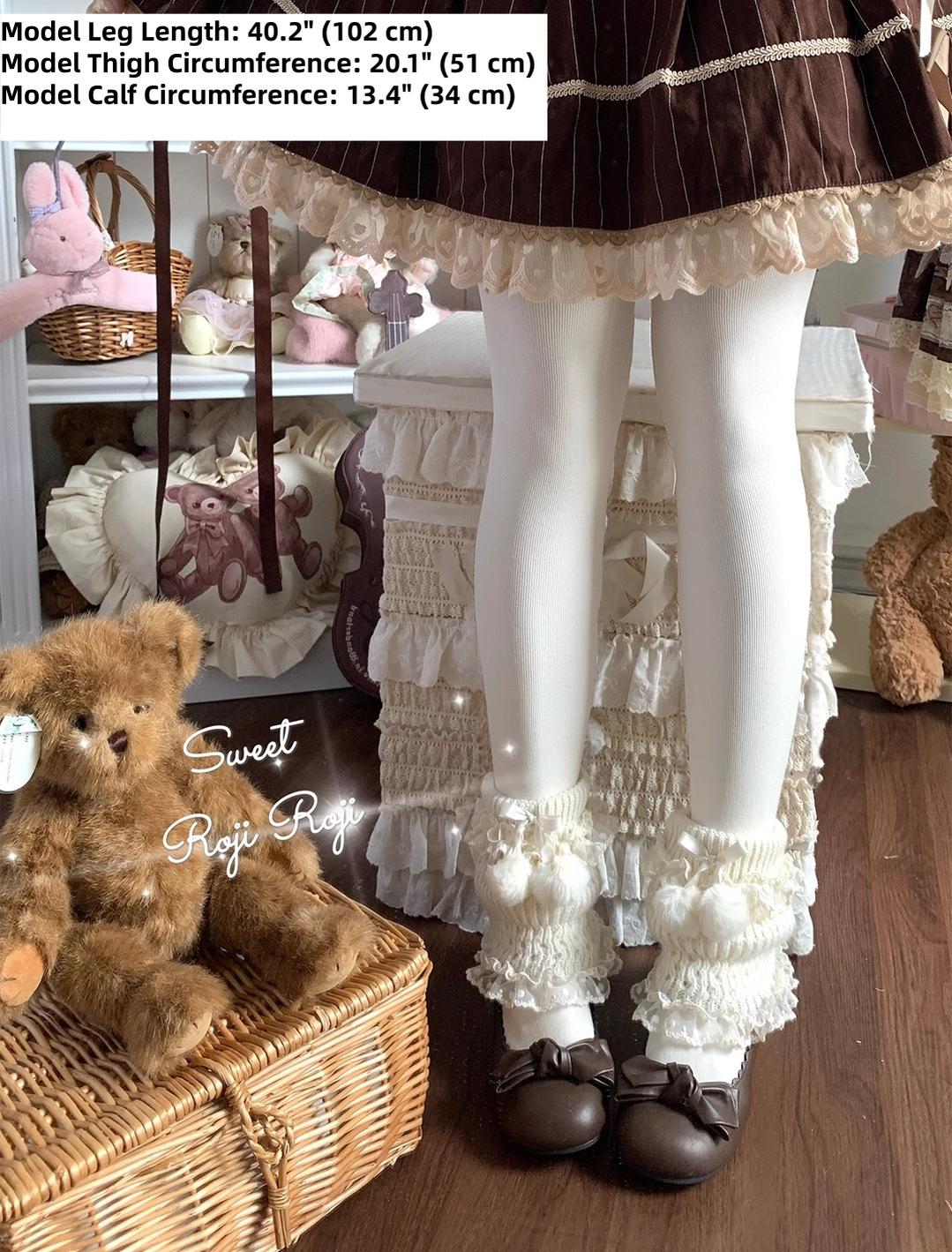 Kawaii Lolita Leg Warmers, Pom-Pom Accented Bow - Image 4
