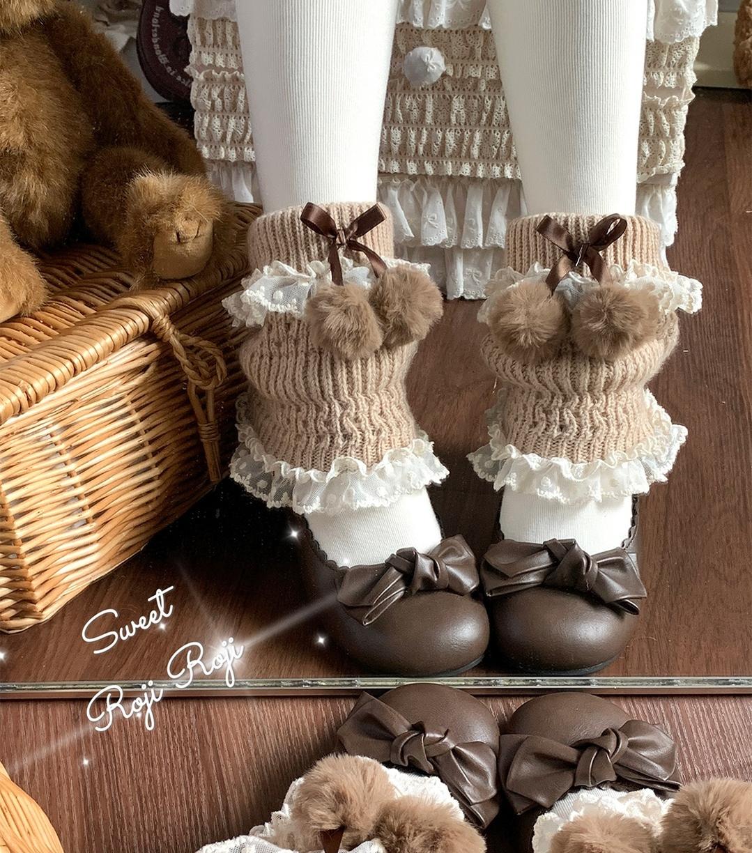 Kawaii Lolita Leg Warmers, Pom-Pom Accented Bow - Image 8