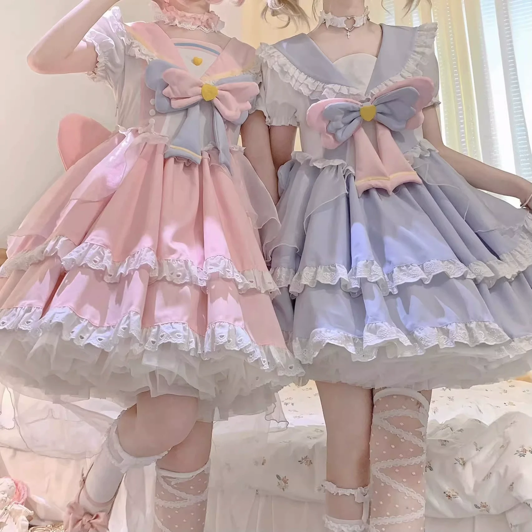 Labixiaoxin - Sweet Lolita OP Dress Navy Collar Pastel Tiered Dress - Image 6