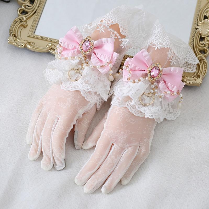 Xiaogui - Vintage Lolita Gloves Lace Bow Bead Chain Sunscreen Gloves - Image 10