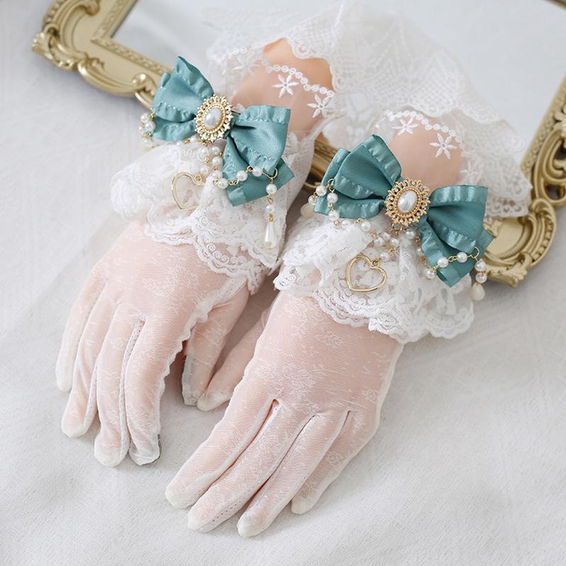 Xiaogui - Vintage Lolita Gloves Lace Bow Bead Chain Sunscreen Gloves - Image 13