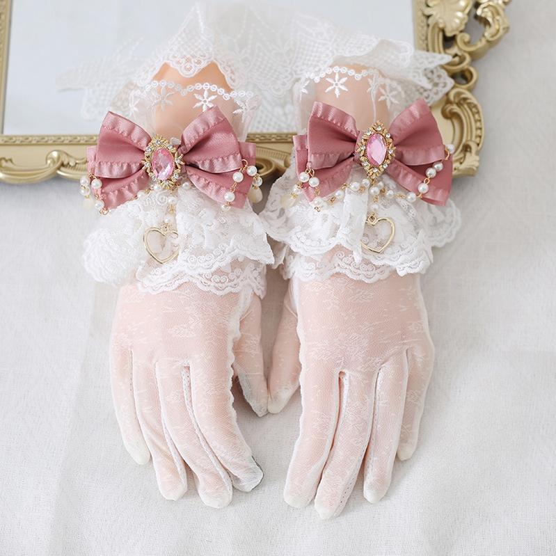 Xiaogui - Vintage Lolita Gloves Lace Bow Bead Chain Sunscreen Gloves - Image 3