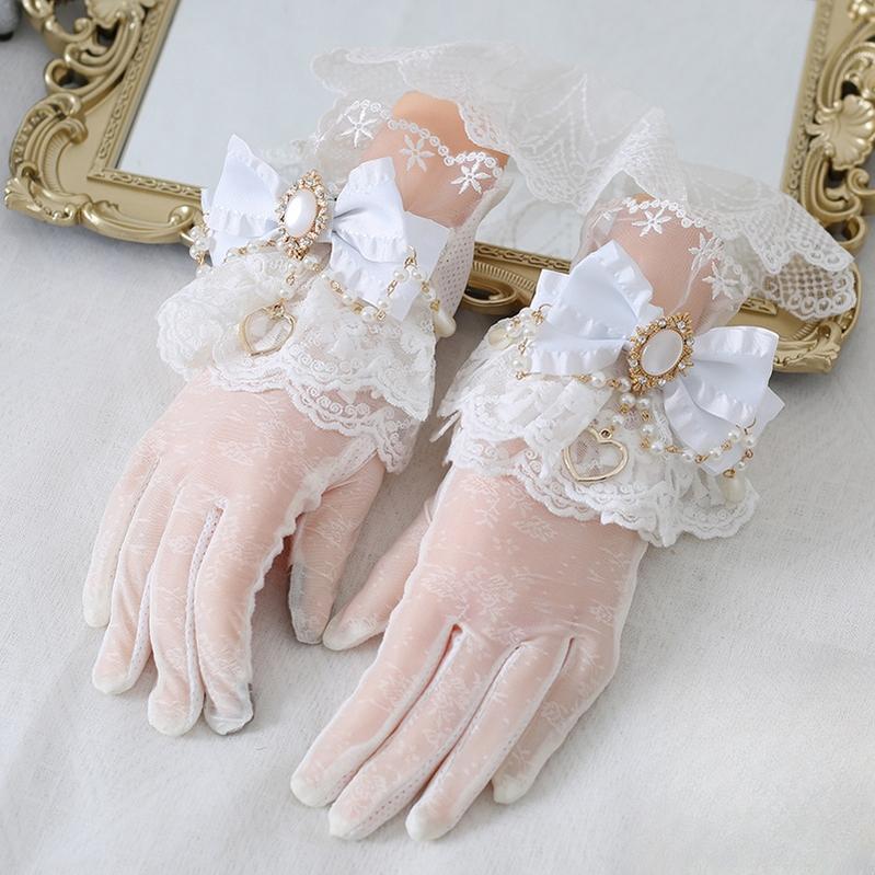 Xiaogui - Vintage Lolita Gloves Lace Bow Bead Chain Sunscreen Gloves - Image 4