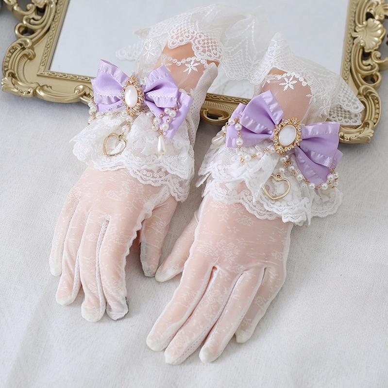 Xiaogui - Vintage Lolita Gloves Lace Bow Bead Chain Sunscreen Gloves - Image 5