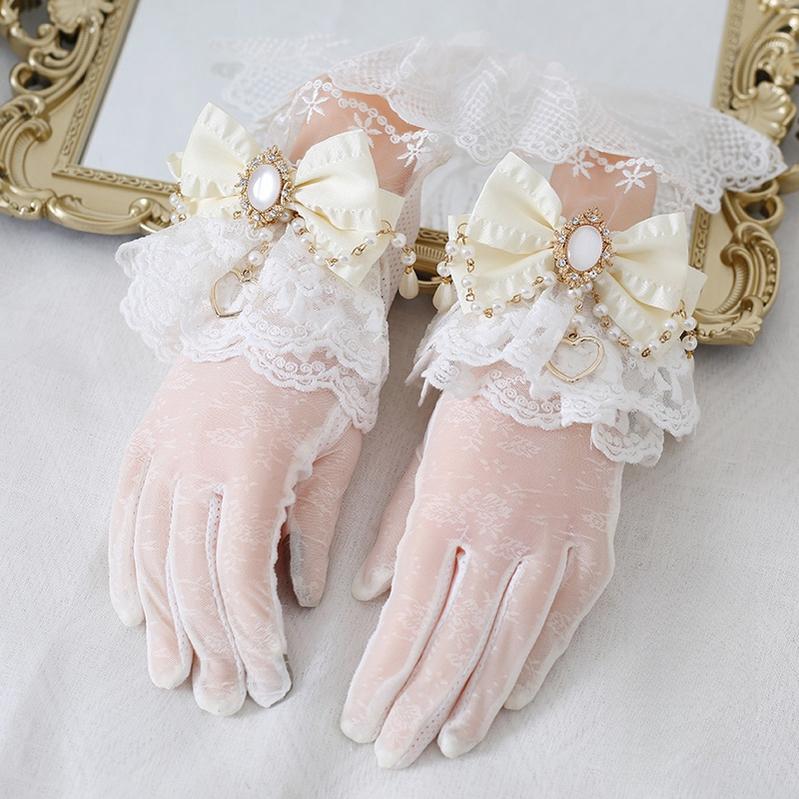 Xiaogui - Vintage Lolita Gloves Lace Bow Bead Chain Sunscreen Gloves - Image 6