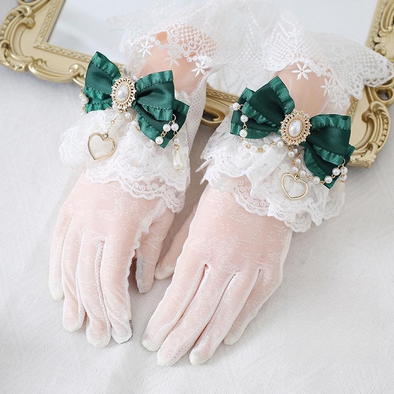 Xiaogui - Vintage Lolita Gloves Lace Bow Bead Chain Sunscreen Gloves - Image 7