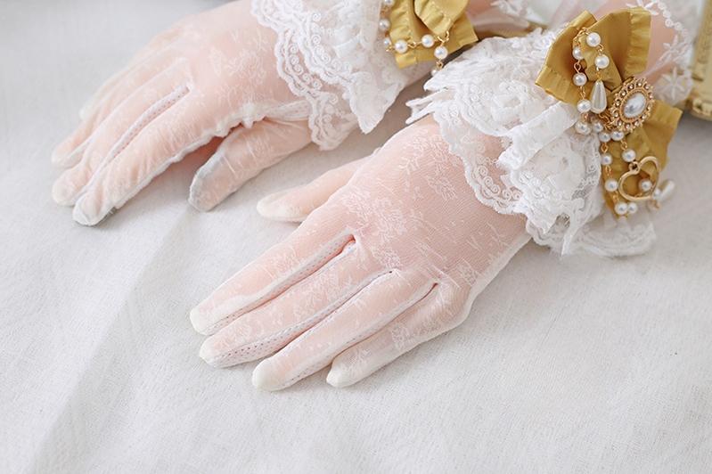 Xiaogui - Vintage Lolita Gloves Lace Bow Bead Chain Sunscreen Gloves - Image 8