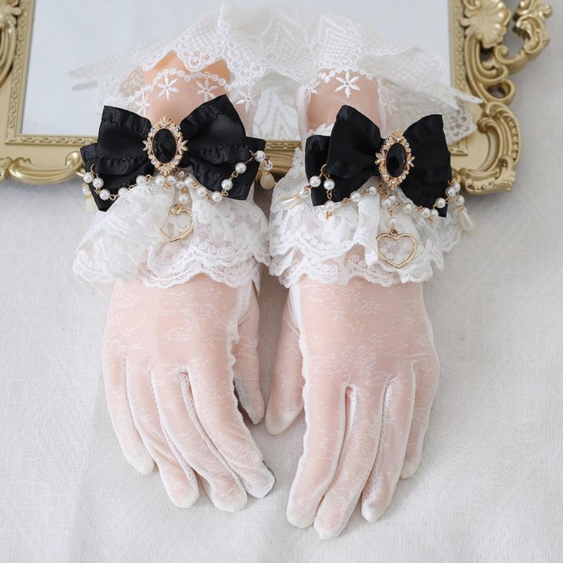 Xiaogui - Vintage Lolita Gloves Lace Bow Bead Chain Sunscreen Gloves - Image 9