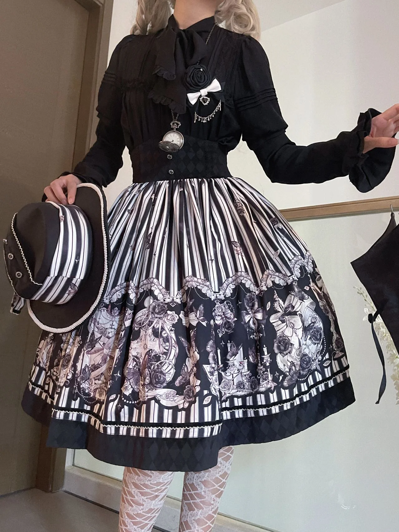 Gothic Lolita Black and White Striped JSK Set - Image 12