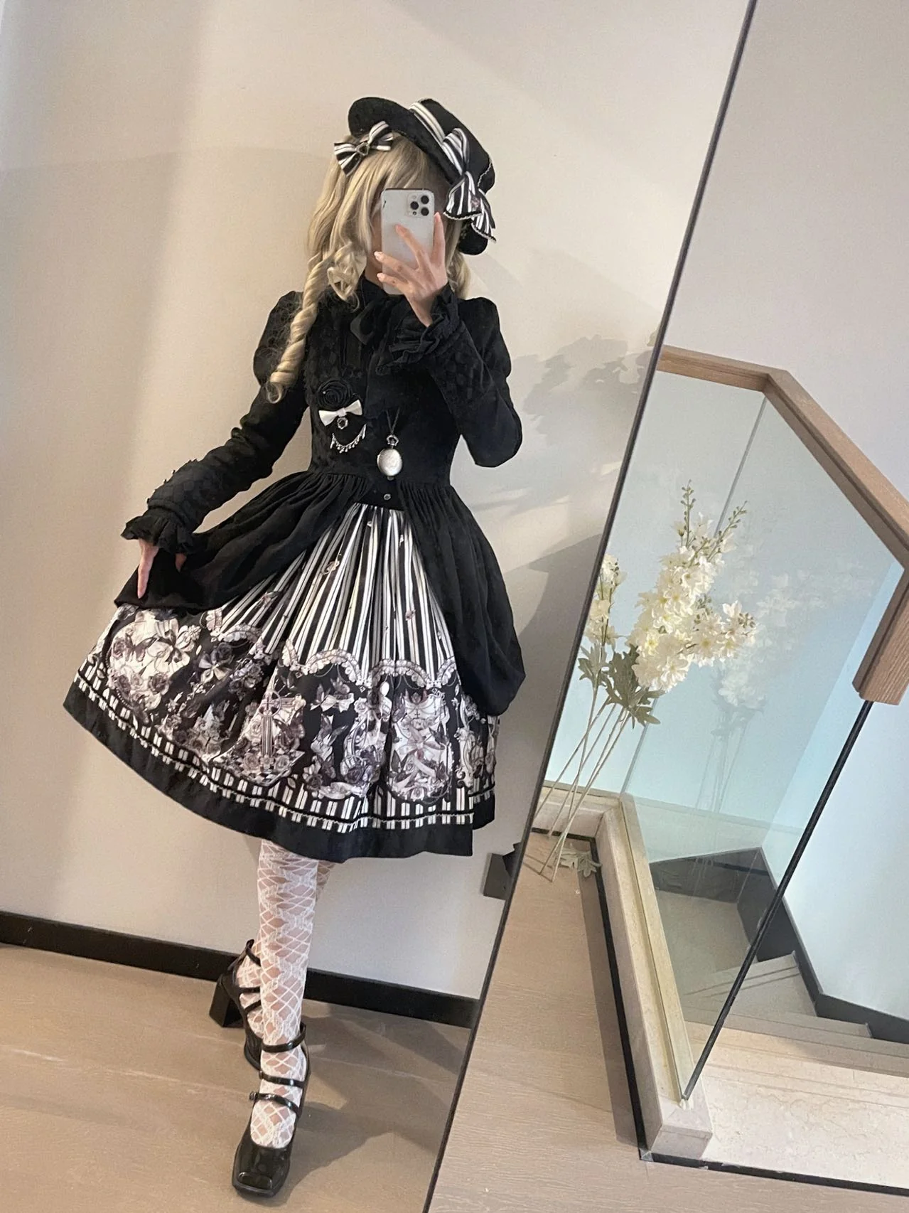 Gothic Lolita Black and White Striped JSK Set - Image 20