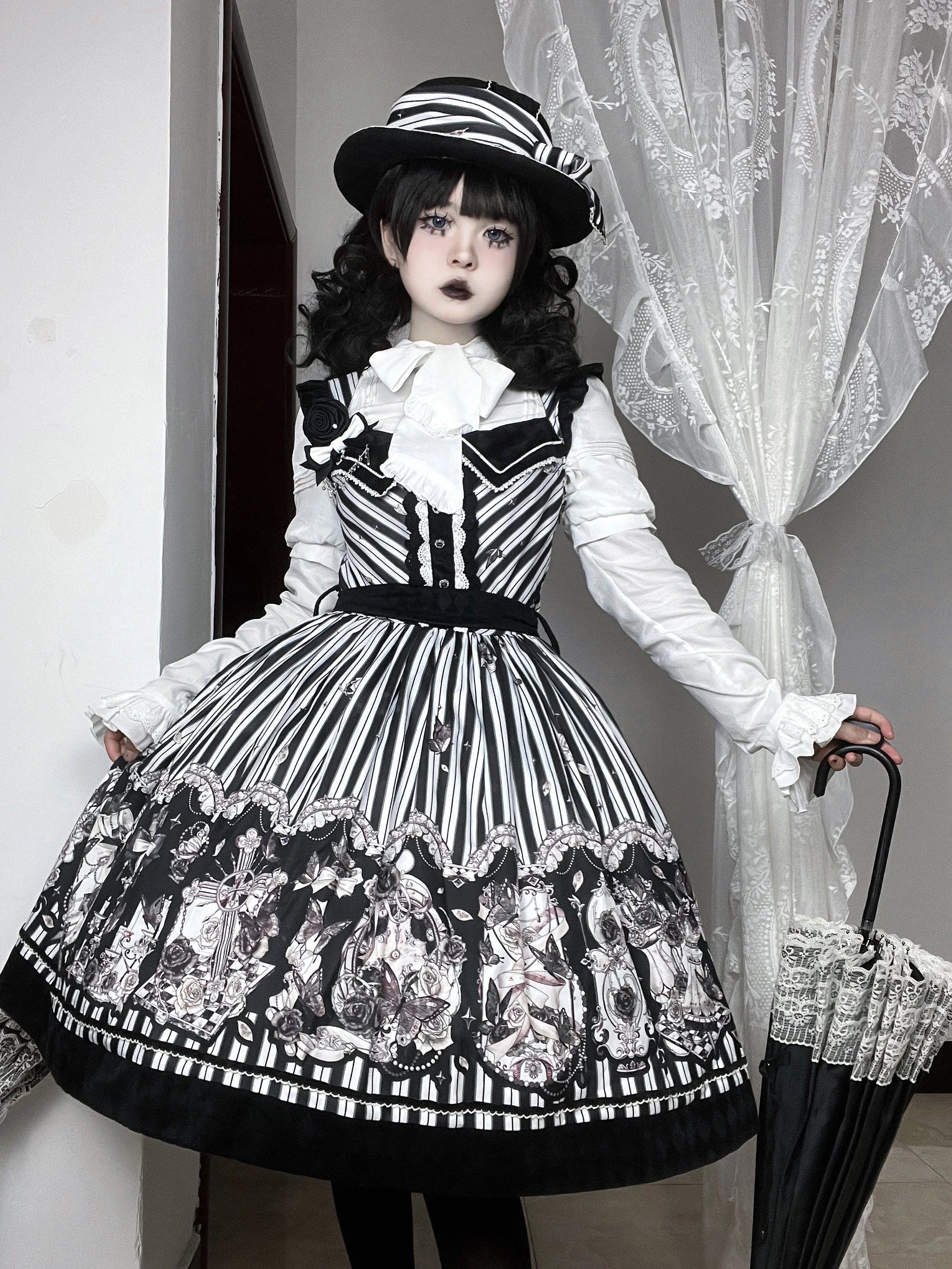 Gothic Lolita Black and White Striped JSK Set - Image 22