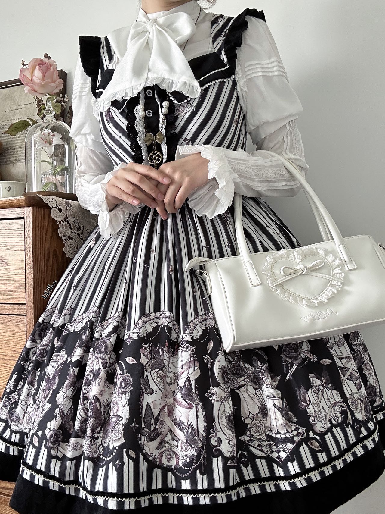 Gothic Lolita Black and White Striped JSK Set - Image 24