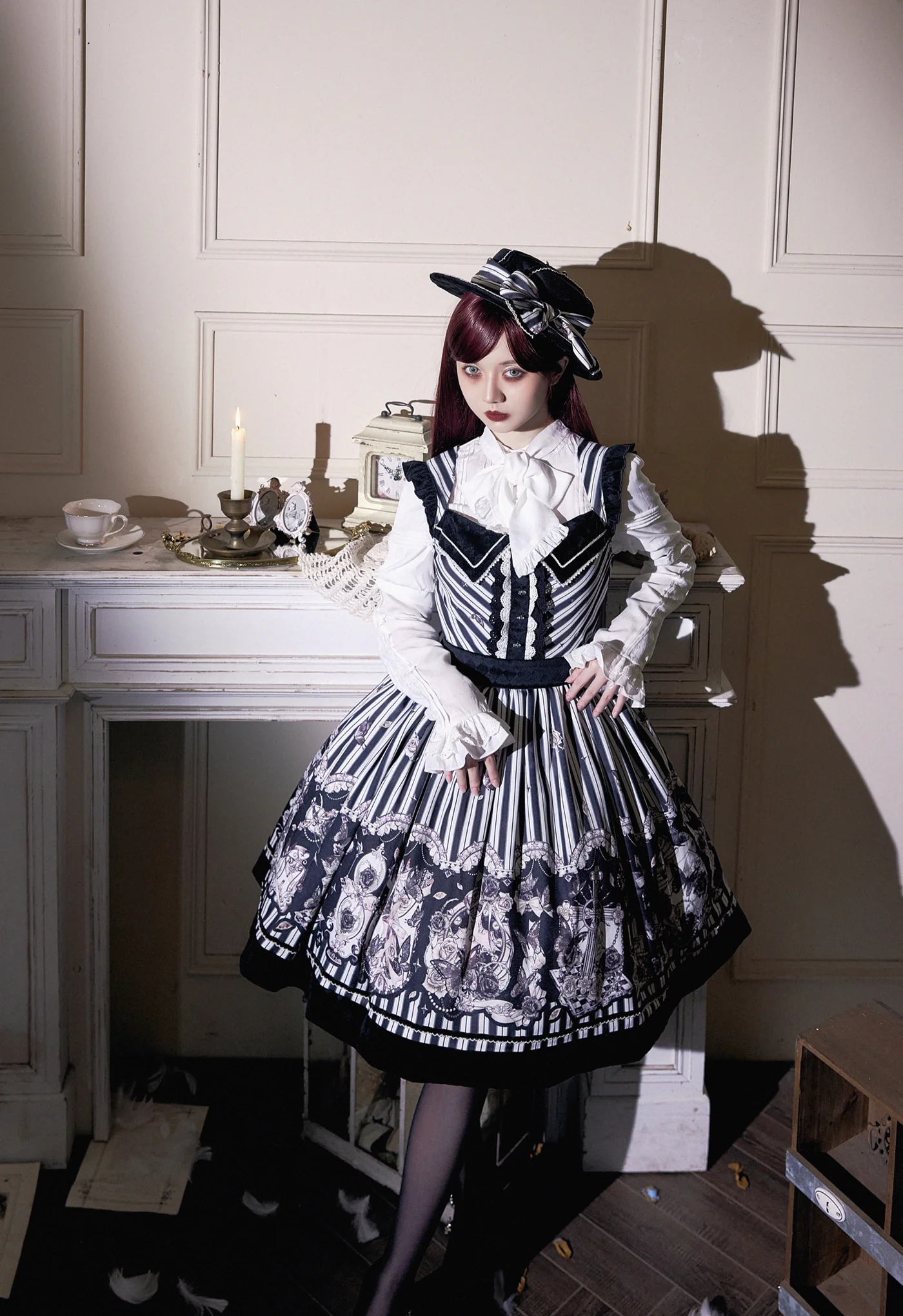 Gothic Lolita Black and White Striped JSK Set - Image 25