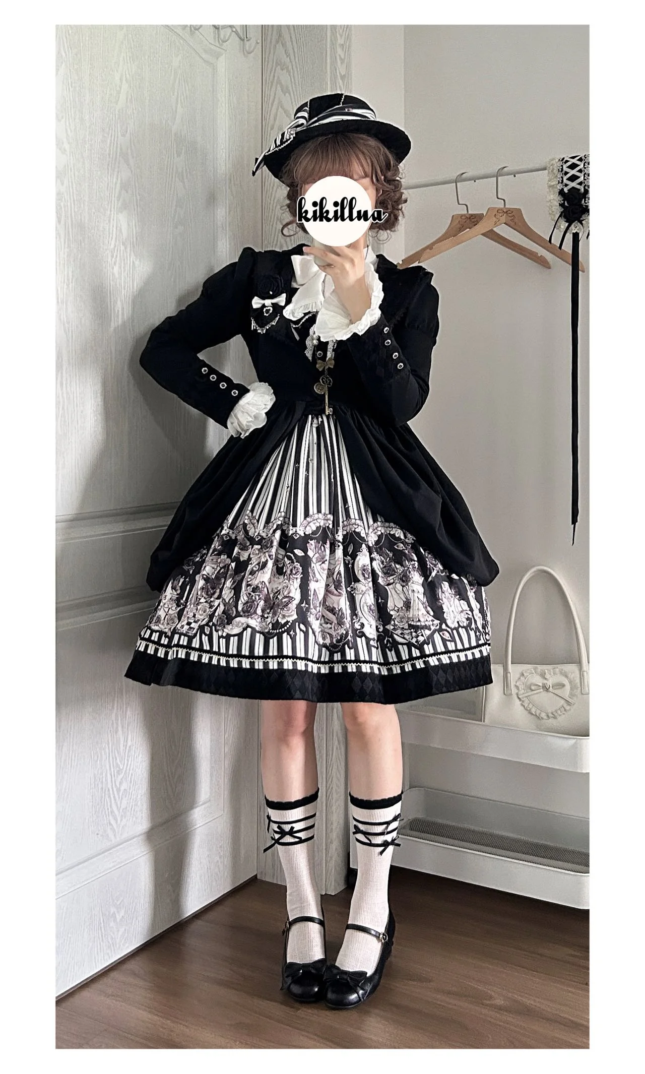 Gothic Lolita Black and White Striped JSK Set - Image 3
