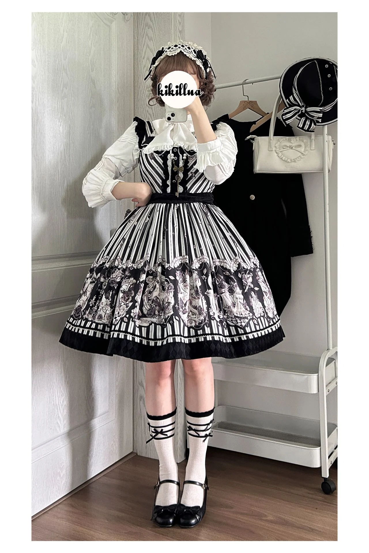 Gothic Lolita Black and White Striped JSK Set - Image 36