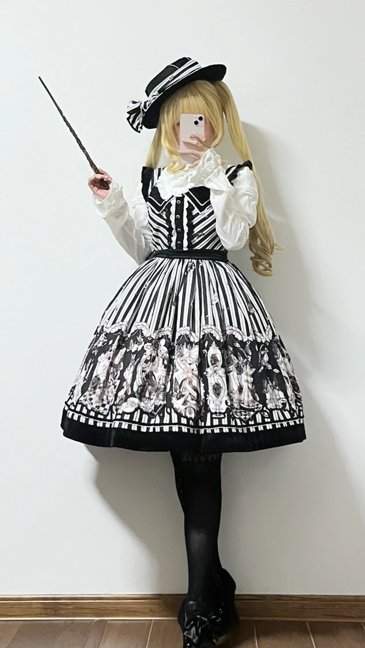 Gothic Lolita Black and White Striped JSK Set - Image 37
