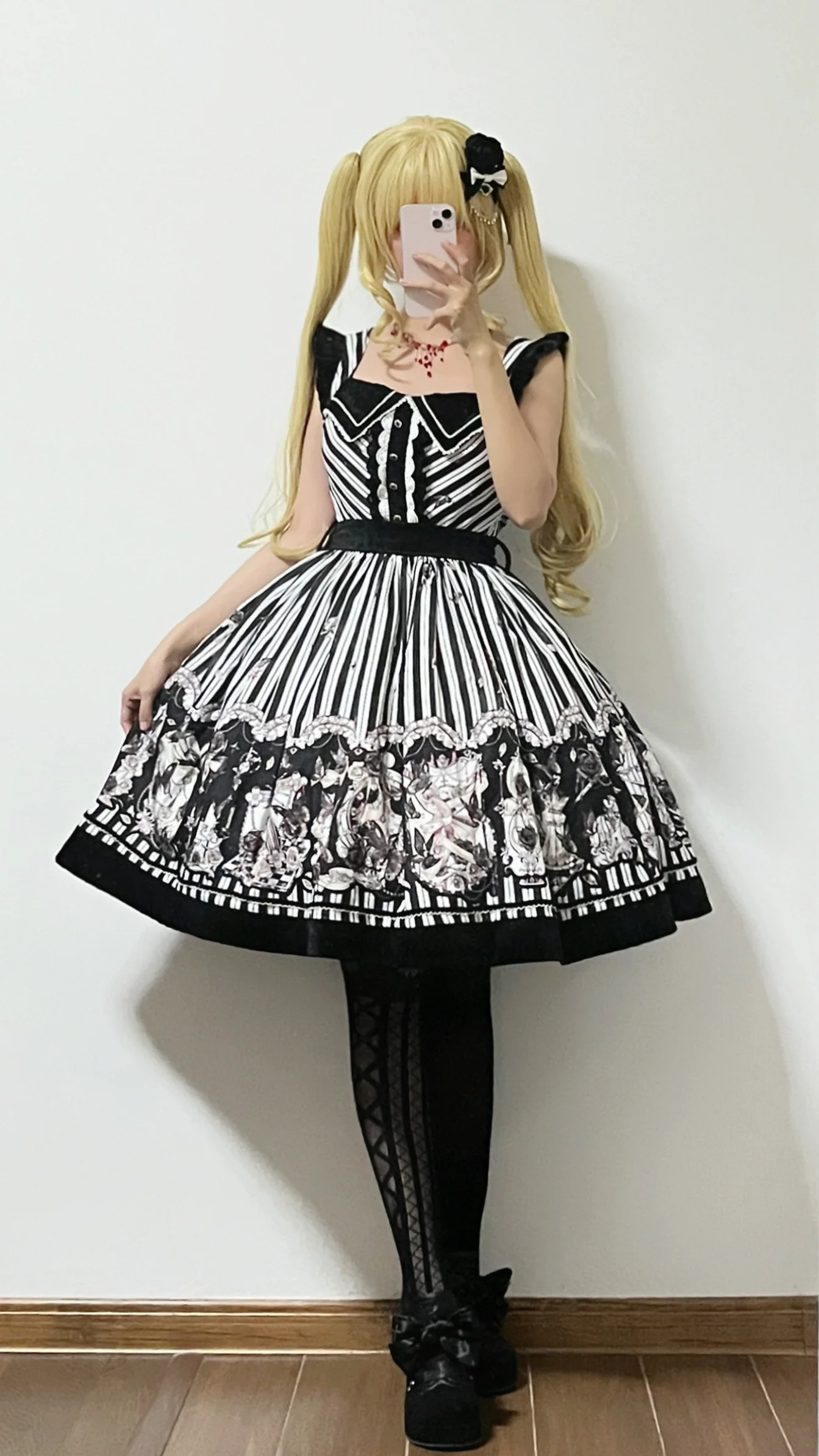 Gothic Lolita Black and White Striped JSK Set - Image 39