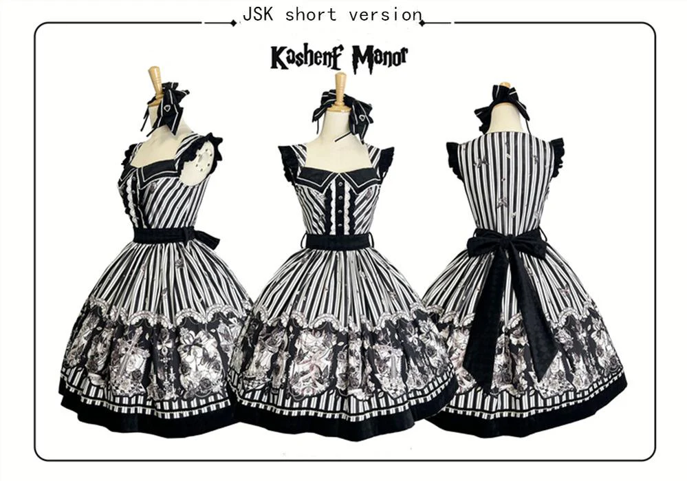 Gothic Lolita Black and White Striped JSK Set - Image 43