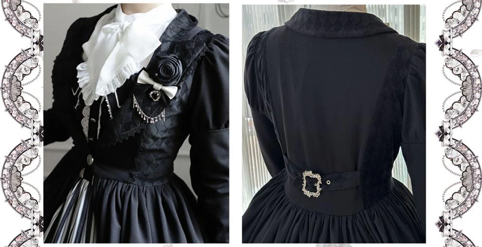 Gothic Lolita Black and White Striped JSK Set - Image 46