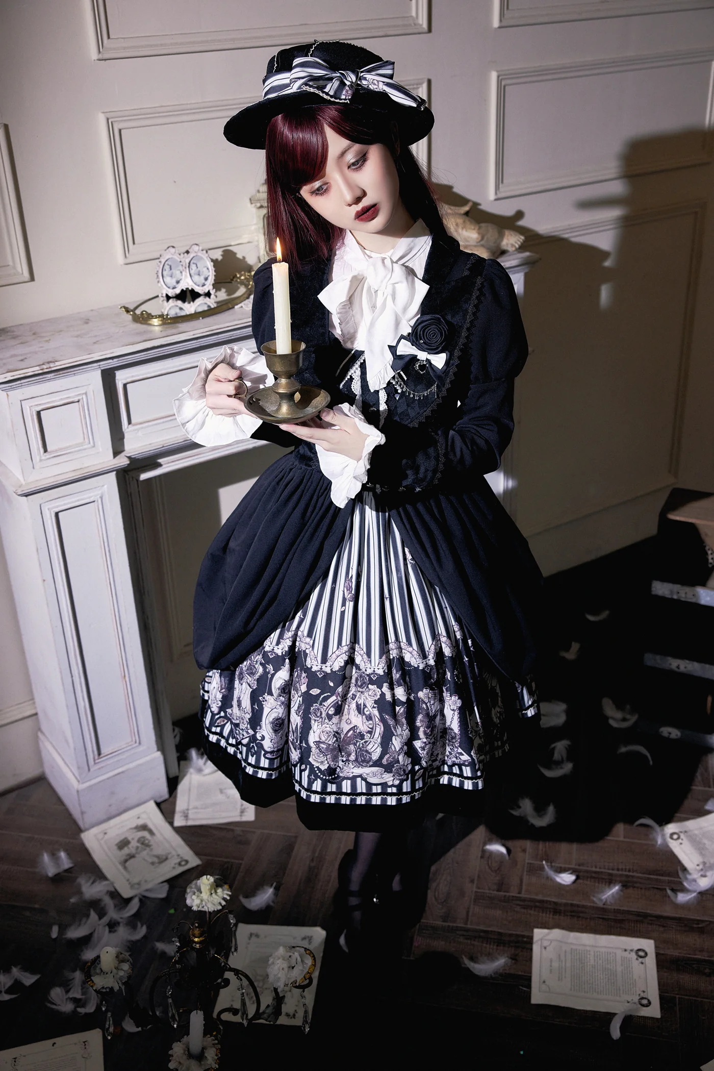 Gothic Lolita Black and White Striped JSK Set - Image 5