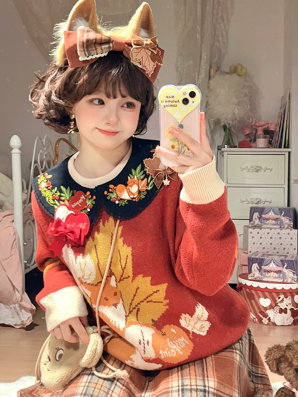 Chubby Fox in the Forest - Kawaii Lolita Accessories Knitted Fox Scarf Embroidered Faux Collar - Image 8
