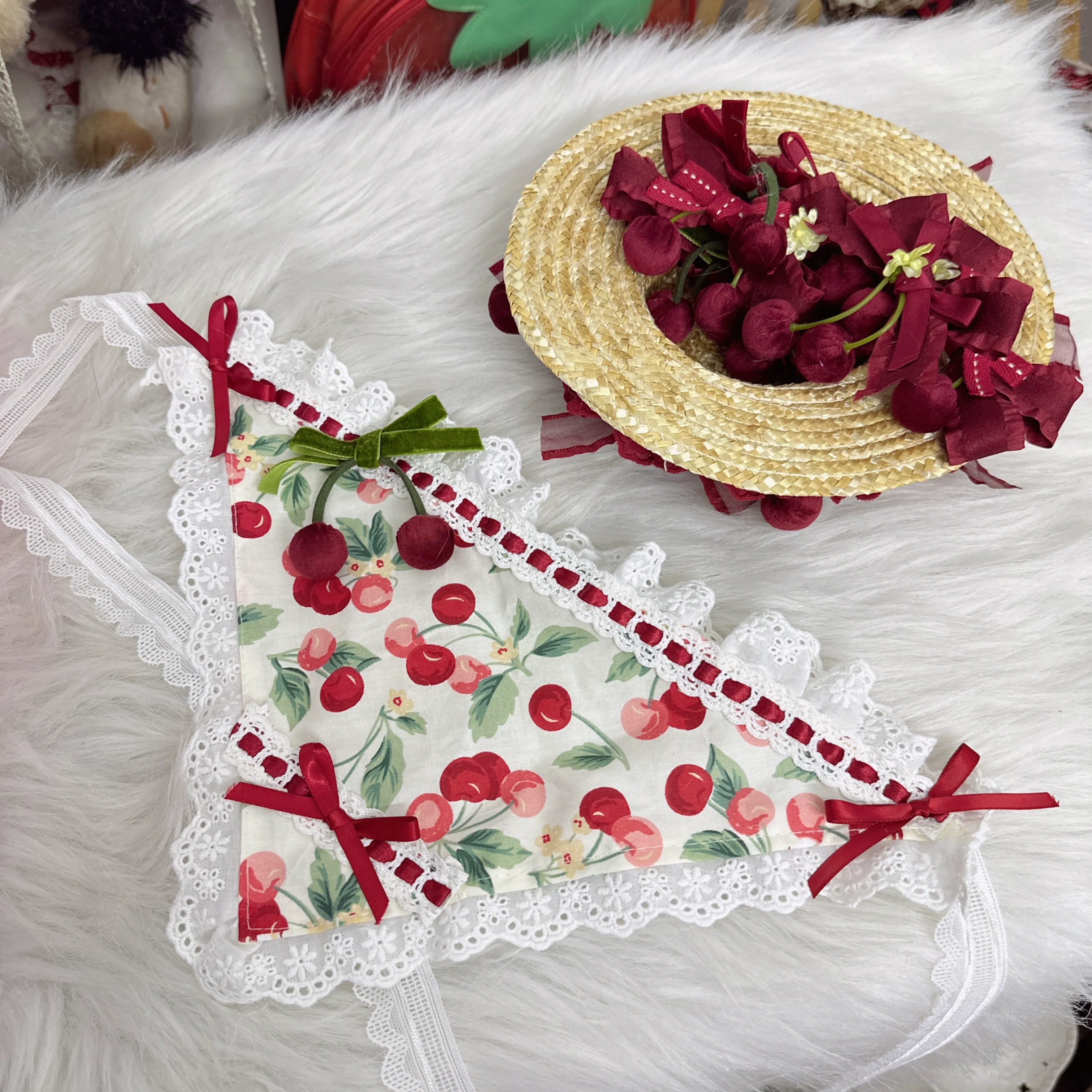 Sweet Lolita Headdress Cherry Hair Clip Straw Hat Necklace Handmade Set - Image 10