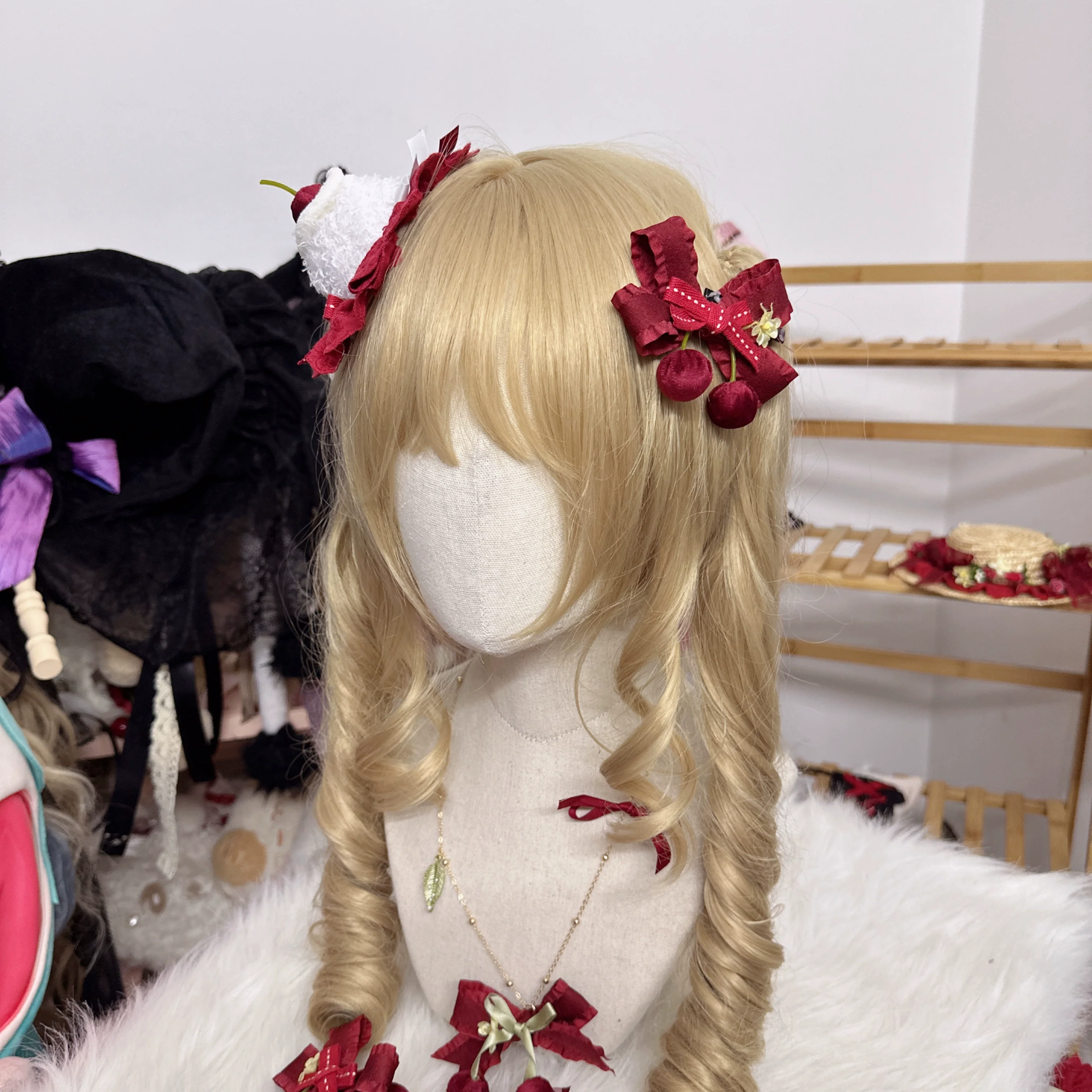 Sweet Lolita Headdress Cherry Hair Clip Straw Hat Necklace Handmade Set - Image 14