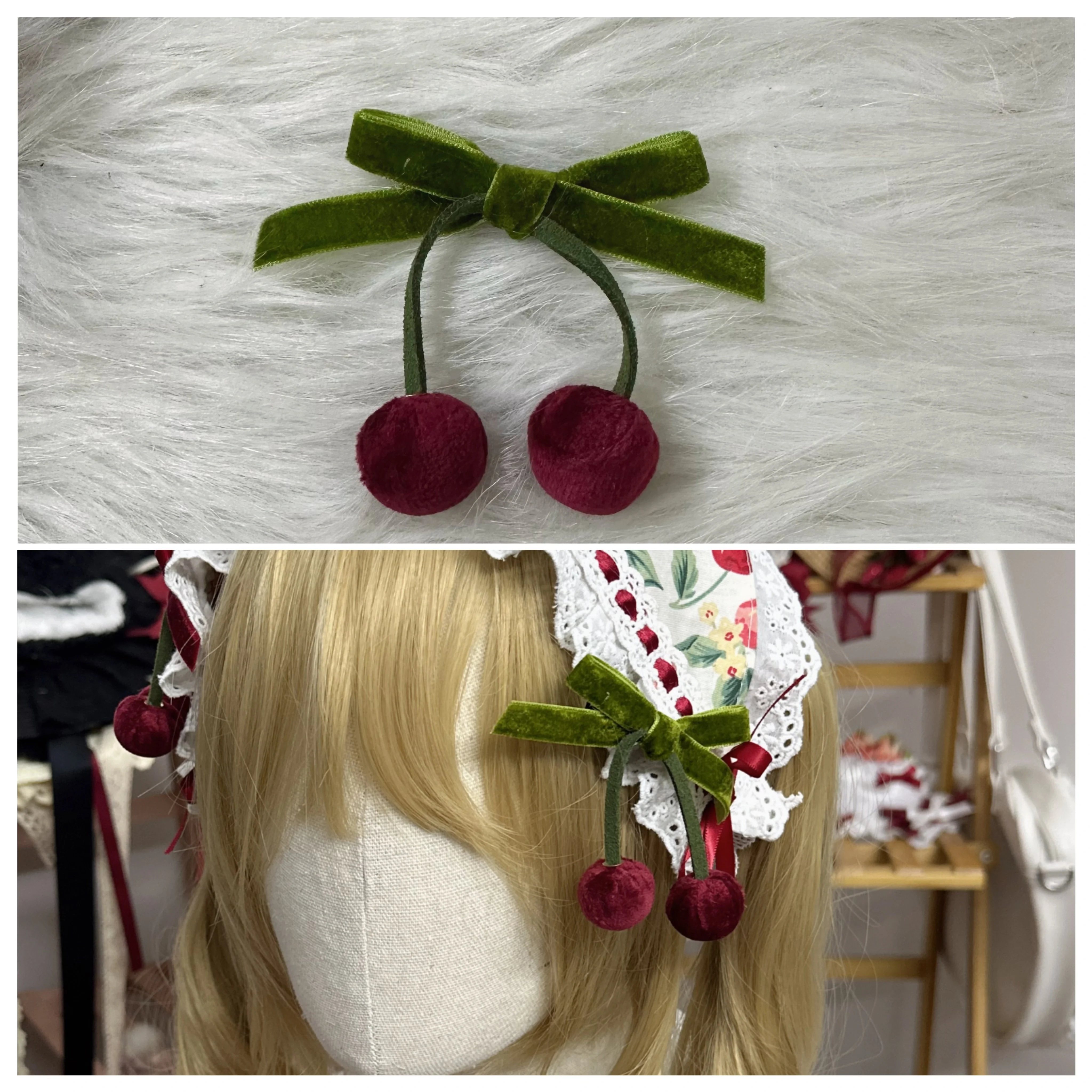 Sweet Lolita Headdress Cherry Hair Clip Straw Hat Necklace Handmade Set - Image 20