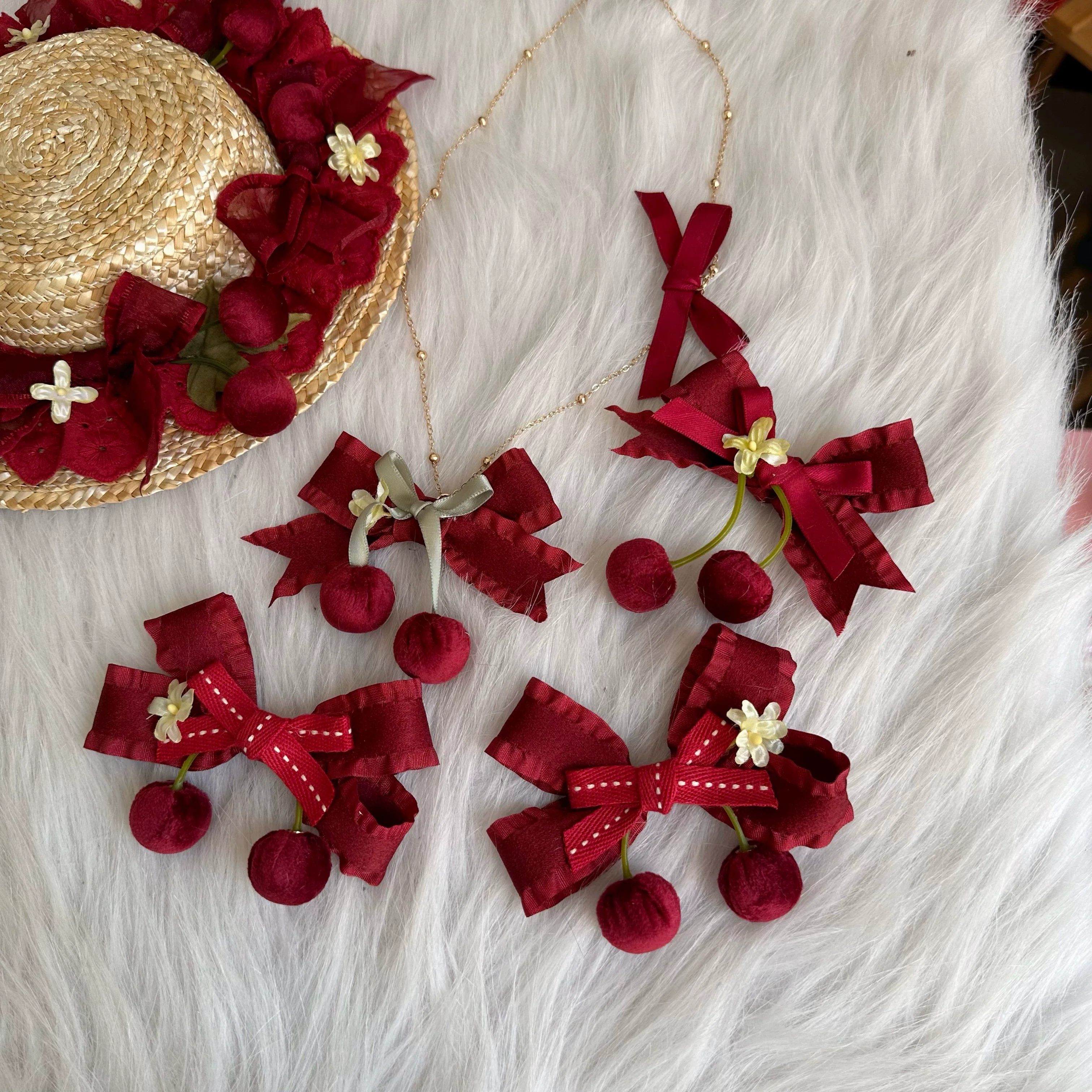Sweet Lolita Headdress Cherry Hair Clip Straw Hat Necklace Handmade Set - Image 21