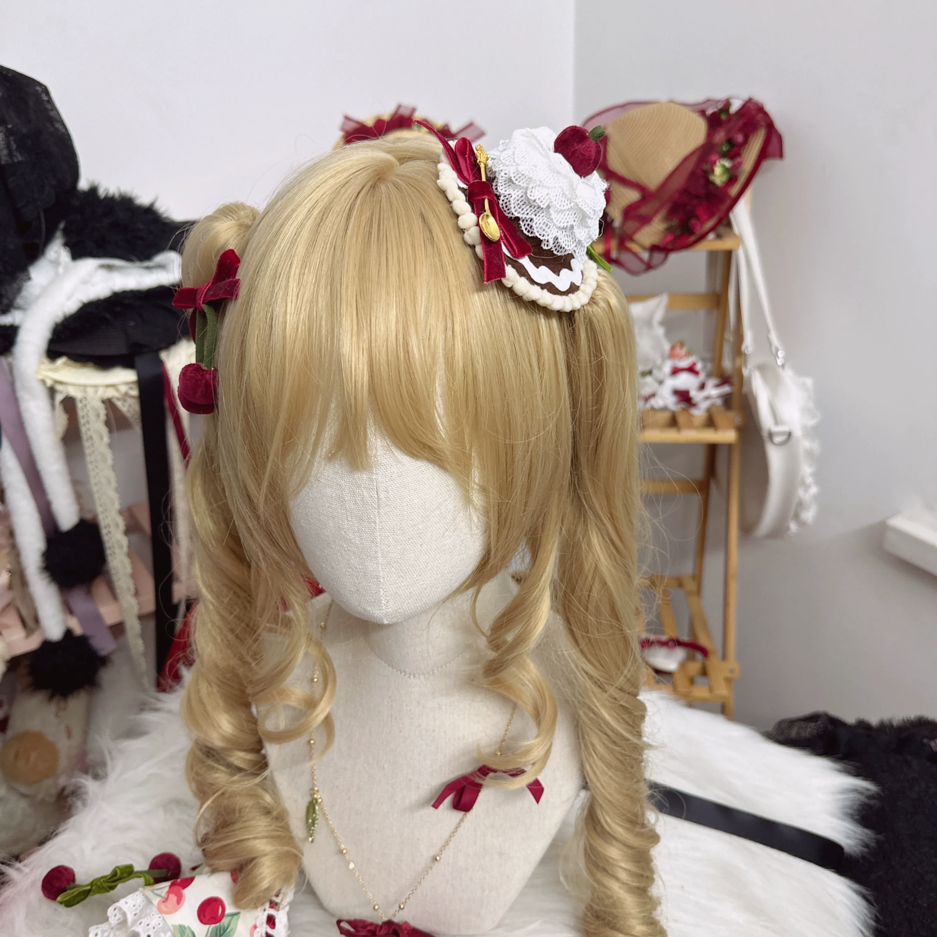 Sweet Lolita Headdress Cherry Hair Clip Straw Hat Necklace Handmade Set - Image 24