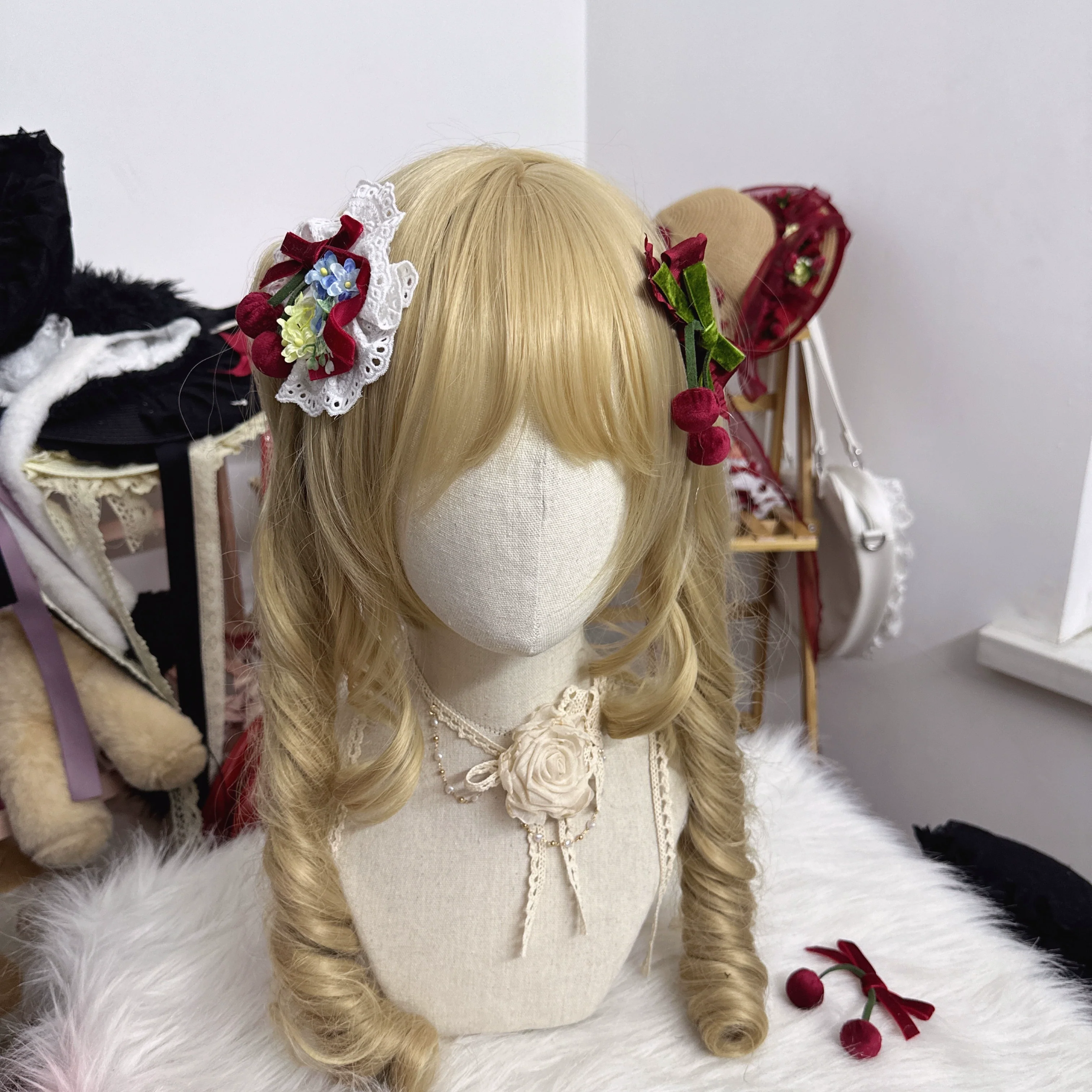 Sweet Lolita Headdress Cherry Hair Clip Straw Hat Necklace Handmade Set - Image 25