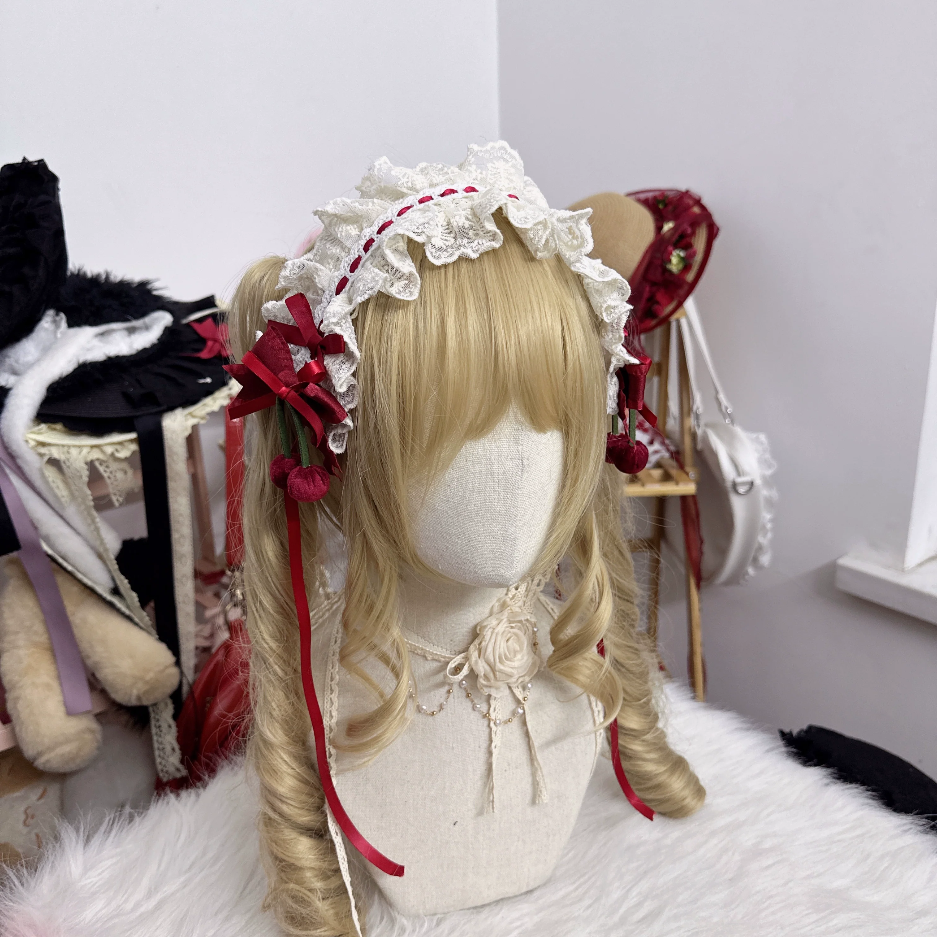 Sweet Lolita Headdress Cherry Hair Clip Straw Hat Necklace Handmade Set - Image 28