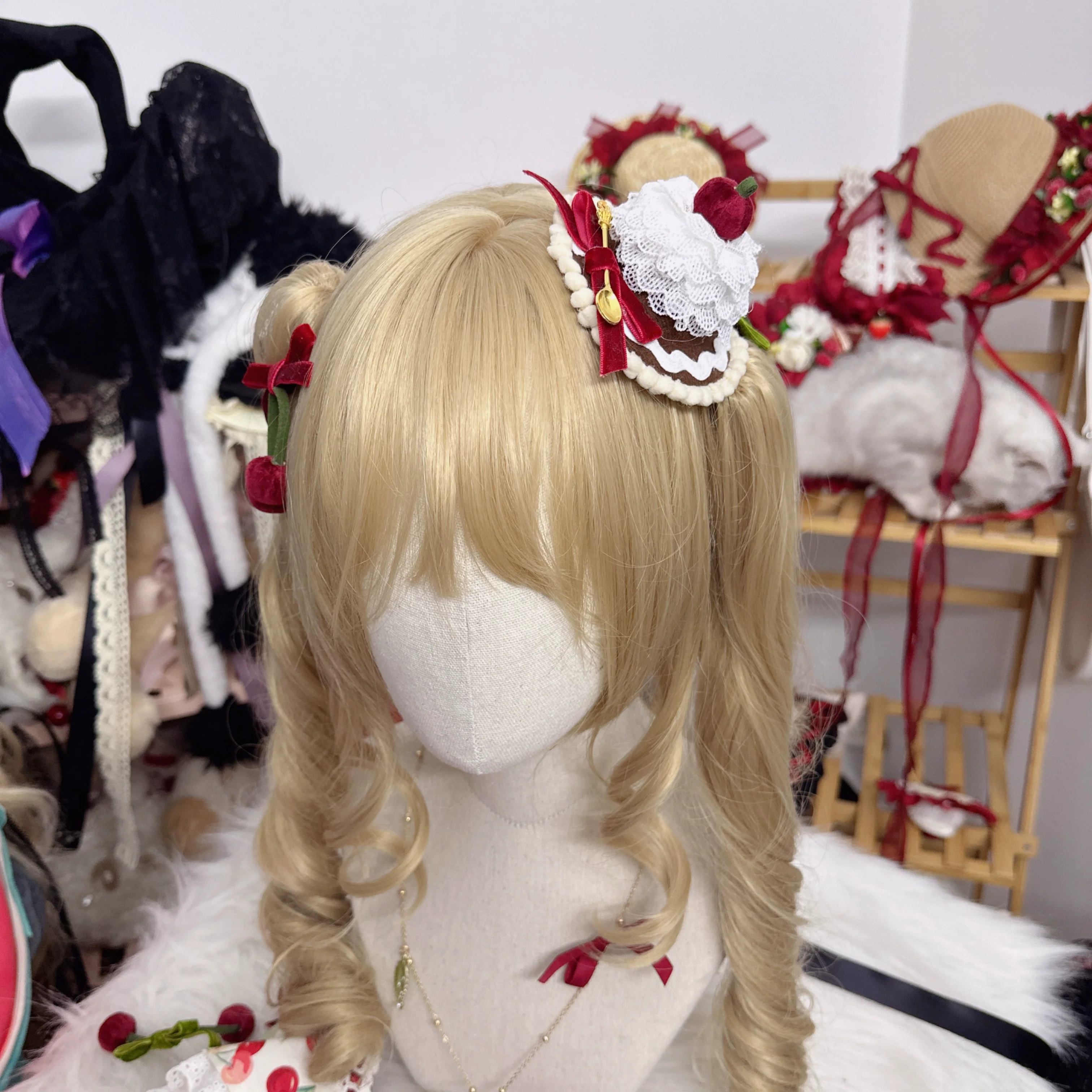 Sweet Lolita Headdress Cherry Hair Clip Straw Hat Necklace Handmade Set - Image 29
