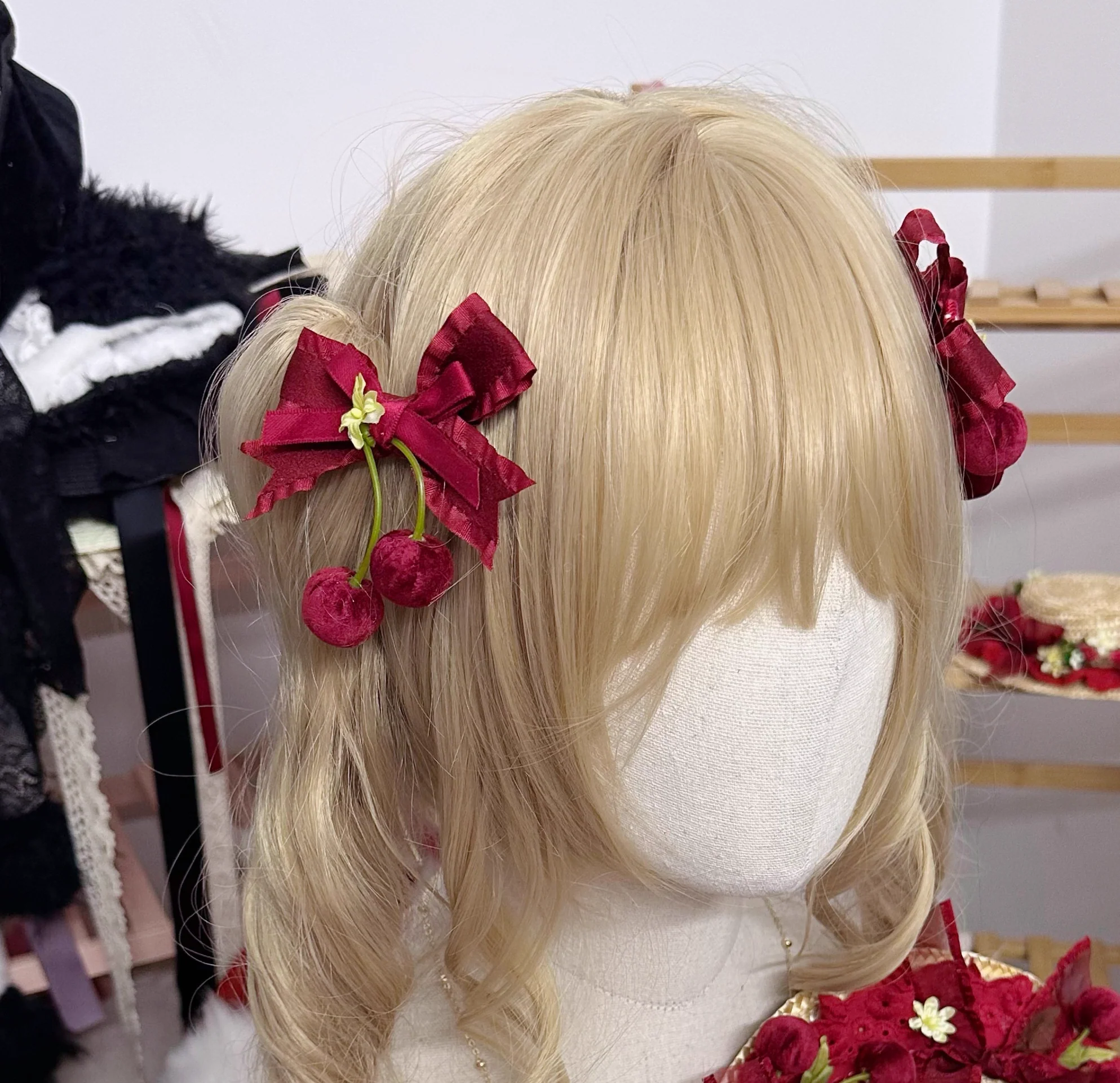 Sweet Lolita Headdress Cherry Hair Clip Straw Hat Necklace Handmade Set - Image 30