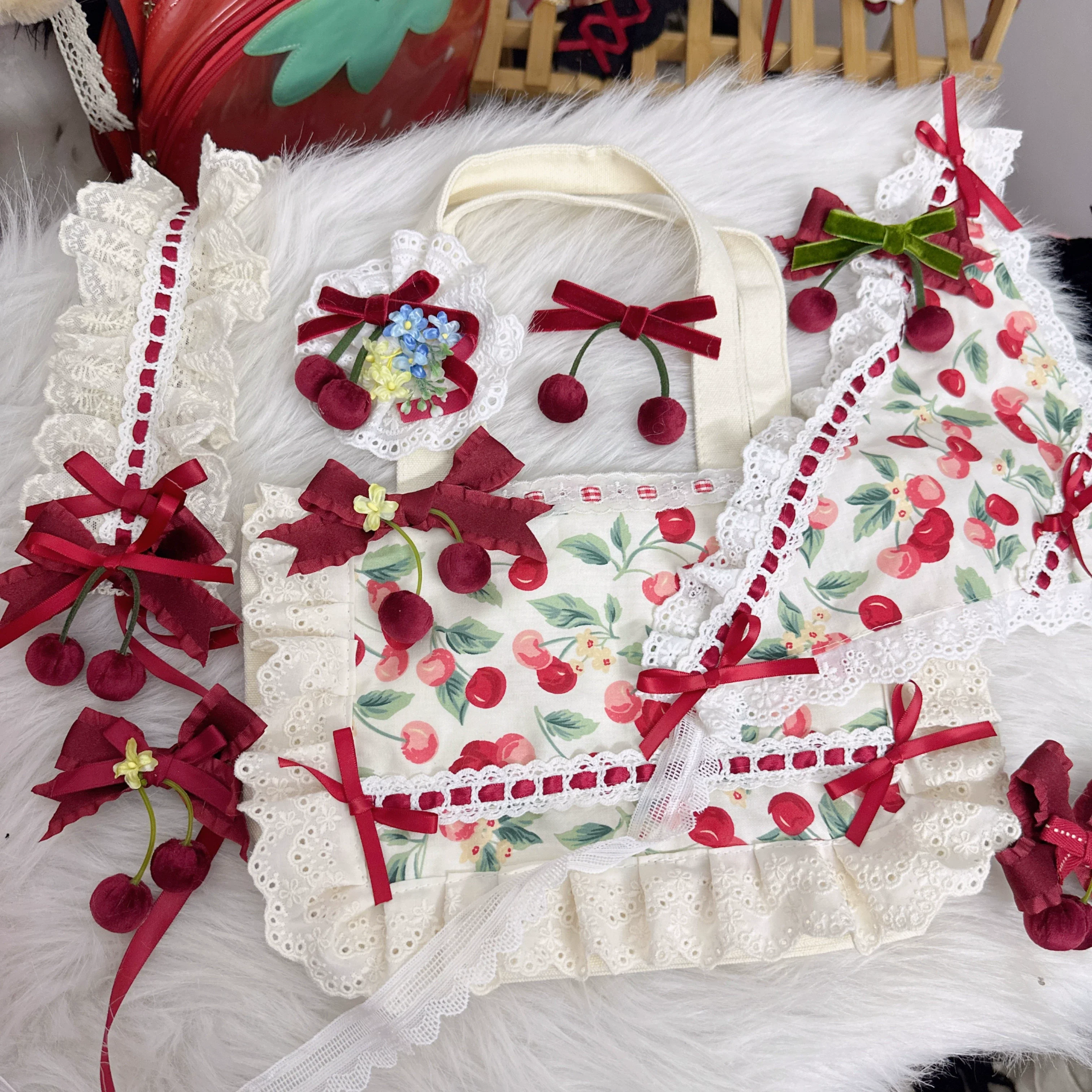Sweet Lolita Headdress Cherry Hair Clip Straw Hat Necklace Handmade Set - Image 4
