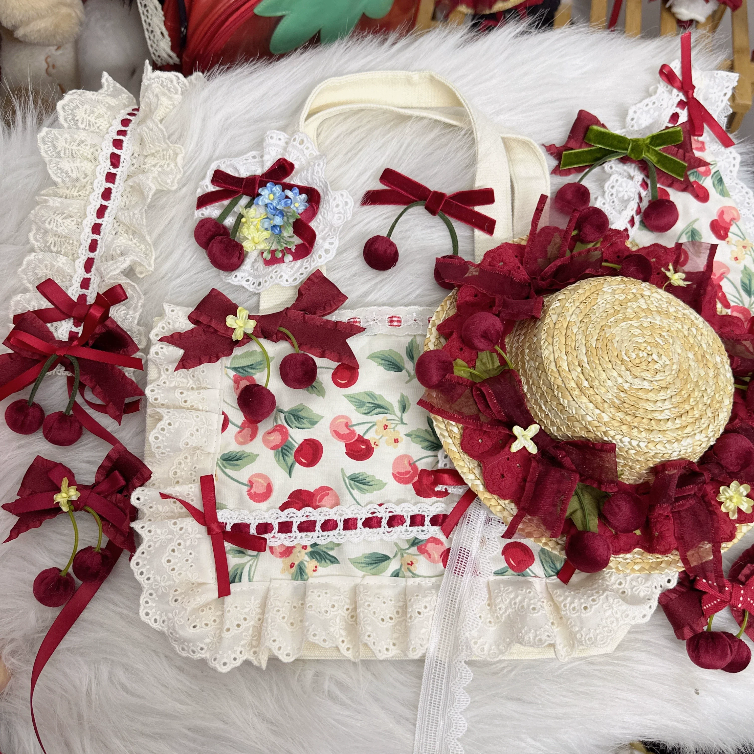 Sweet Lolita Headdress Cherry Hair Clip Straw Hat Necklace Handmade Set - Image 5