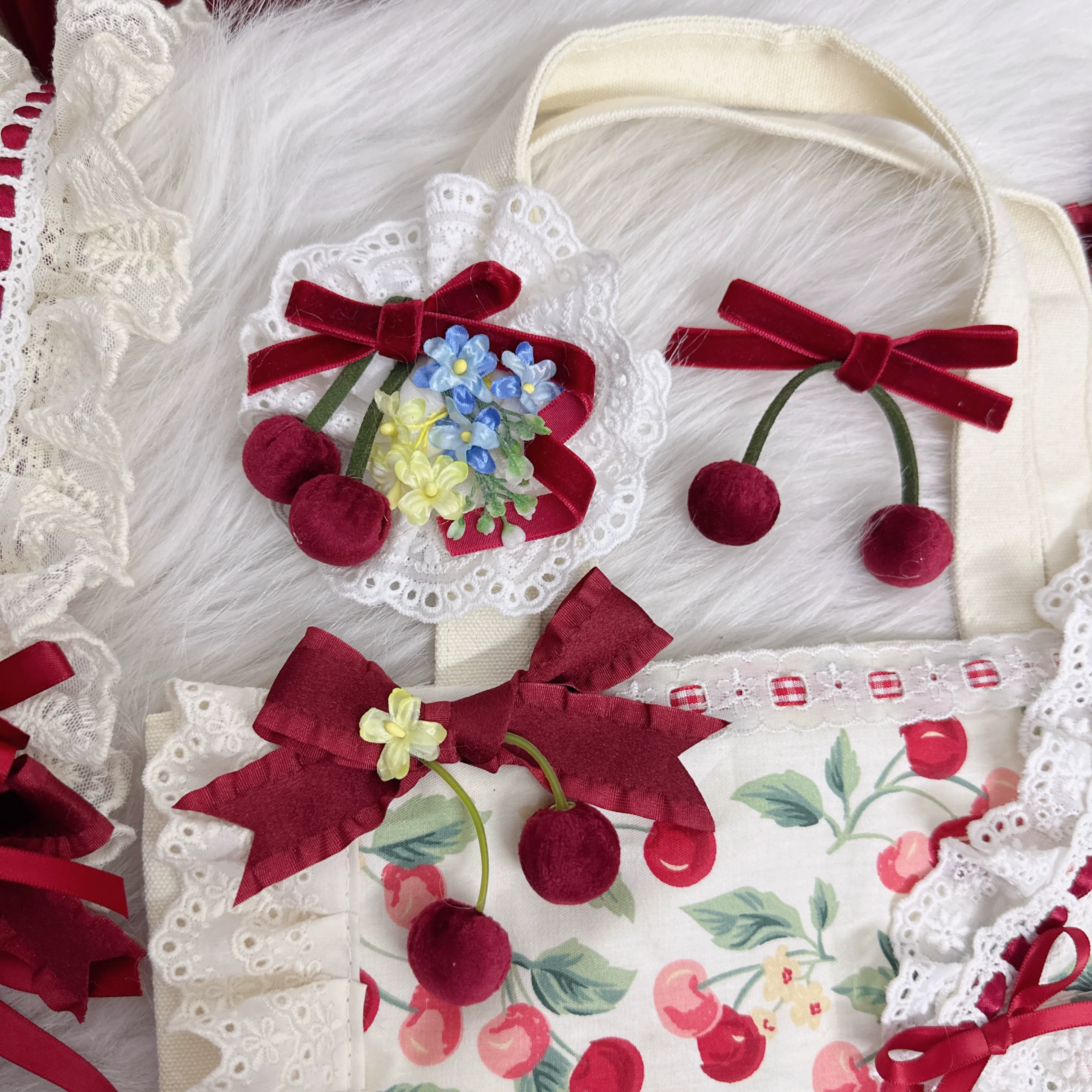 Sweet Lolita Headdress Cherry Hair Clip Straw Hat Necklace Handmade Set - Image 6