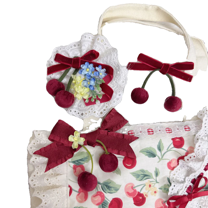 Sweet Lolita Headdress Cherry Hair Clip Straw Hat Necklace Handmade Set - Image 8