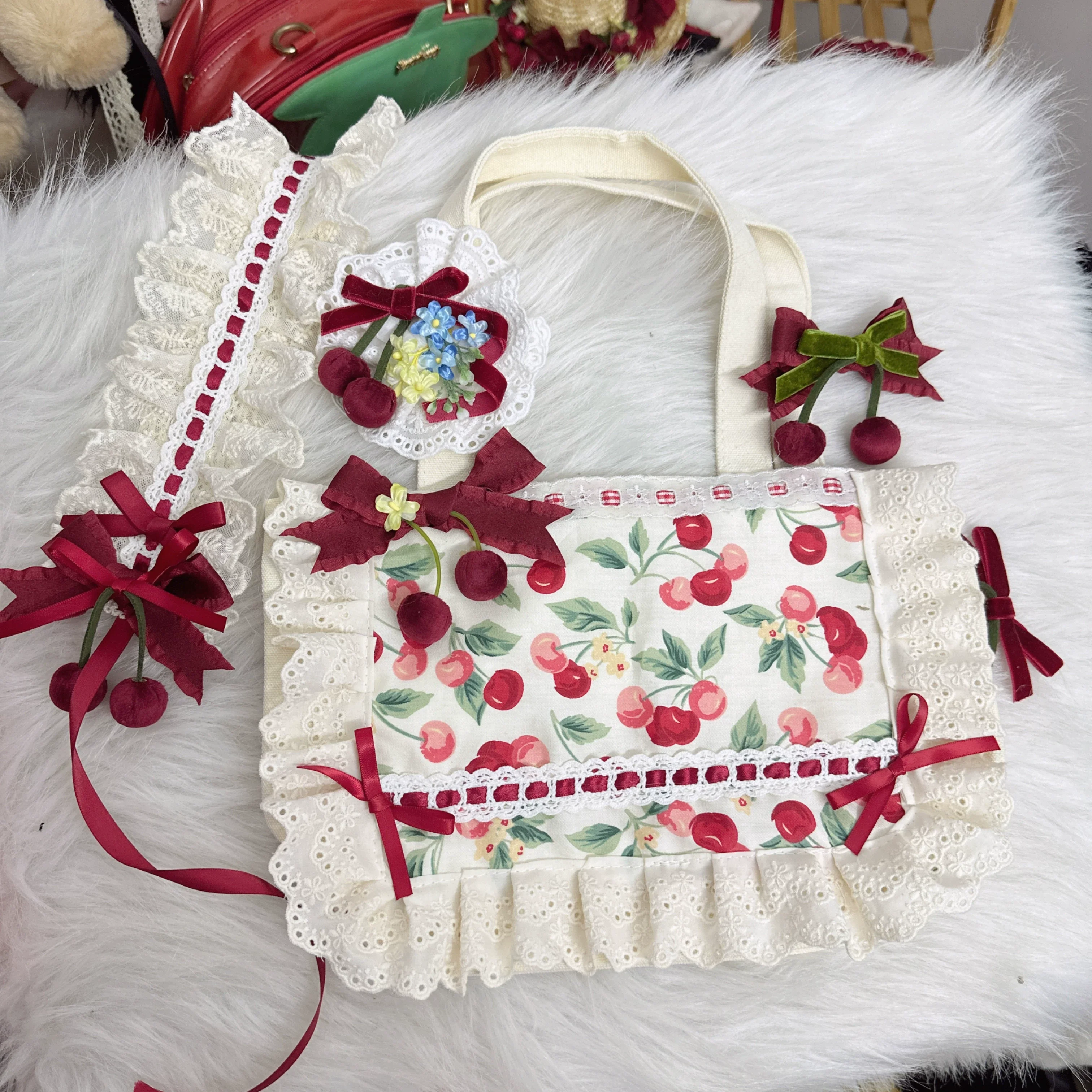 Sweet Lolita Headdress Cherry Hair Clip Straw Hat Necklace Handmade Set - Image 9