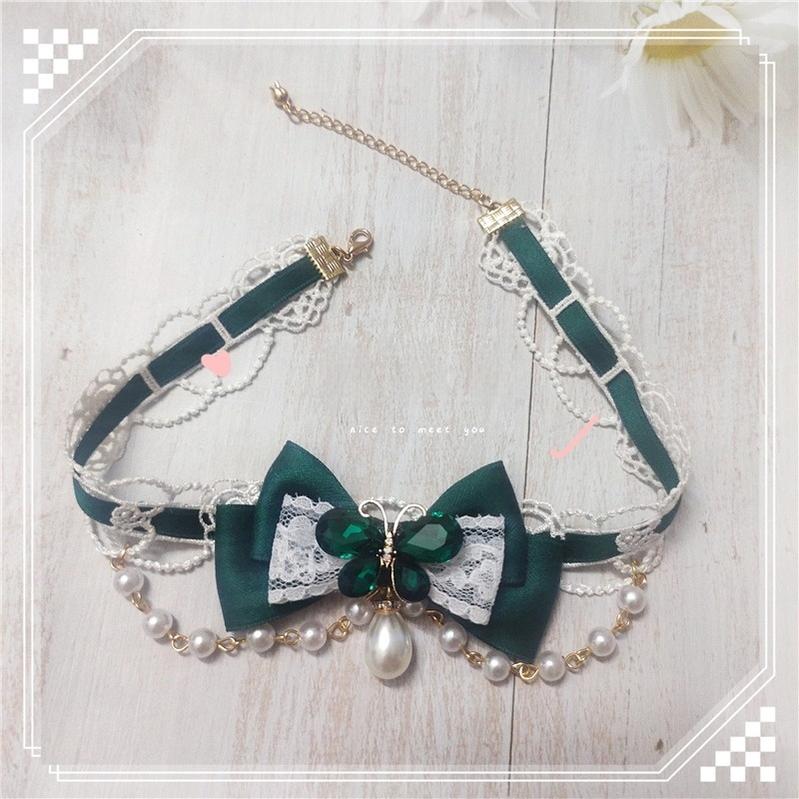 MoXiaoqing Handmade - Elegant Lolita HeaddressDark Green Butterfly Hair Accessory Choker - Image 8